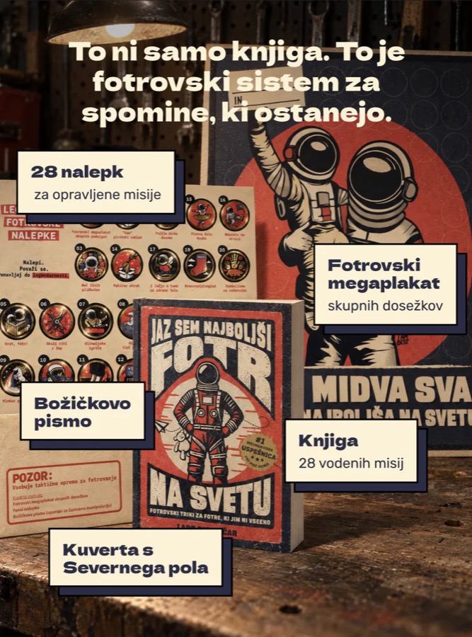 Komplet Jaz sem najboljši fotr na svetu: knjiga, plakat in nalepke